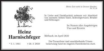 Traueranzeige von Heinz Harnischfeger von Wetterauer Zeitung