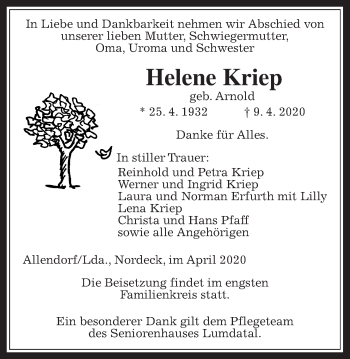 Traueranzeige von Helene Kriep von Giessener Allgemeine, Alsfelder Allgemeine