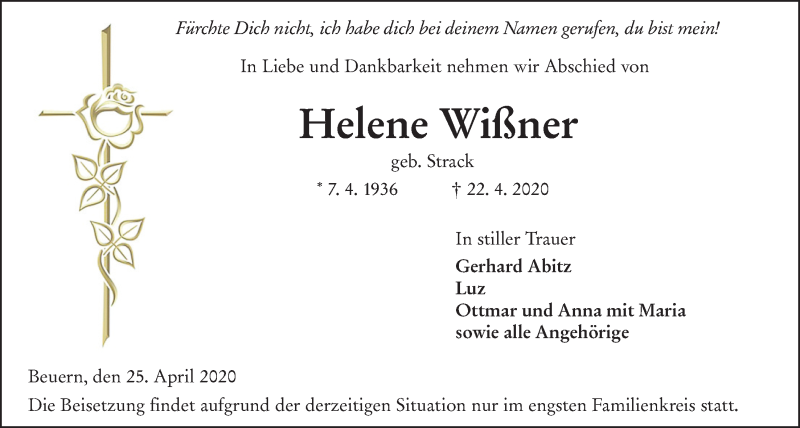  Traueranzeige für Helene Wißner vom 25.04.2020 aus Giessener Allgemeine, Alsfelder Allgemeine