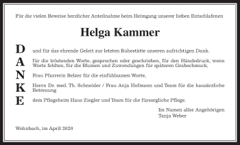 Traueranzeige von Helga Kammer von Wetterauer Zeitung