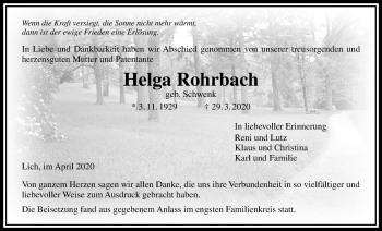 Traueranzeige von Helga Rohrbach von Licher Wochenblatt