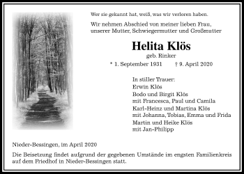 Traueranzeige von Helita Klös von Licher Wochenblatt