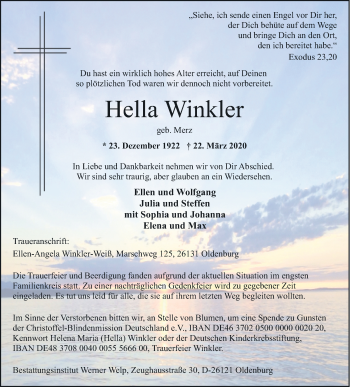 Traueranzeige von Hella Winkler von Alsfelder Allgemeine, Giessener Allgemeine