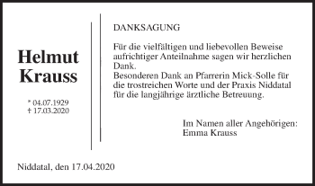 Traueranzeige von Helmut Krauss von Wetterauer Zeitung