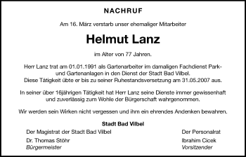 Traueranzeige von Helmut Lanz von Bad Vilbel/Karben
