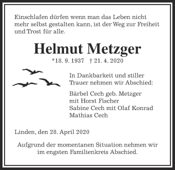 Traueranzeige von Helmut Metzger von Giessener Allgemeine, Alsfelder Allgemeine