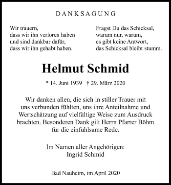 Traueranzeige von Helmut Schmid von Wetterauer Zeitung