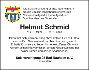 Traueranzeige von Helmut Schmid von Wetterauer Zeitung