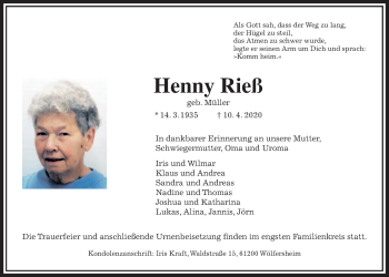 Traueranzeige von Henny Rieß von Wetterauer Zeitung