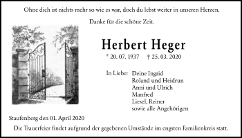 Traueranzeige von Herbert Heger von Giessener Allgemeine, Alsfelder Allgemeine