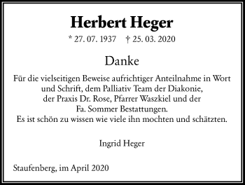 Traueranzeige von Herbert Heger von Giessener Allgemeine, Alsfelder Allgemeine