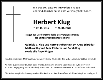 Traueranzeige von Herbert Klug von Bad Vilbel/Karben