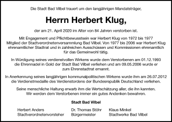 Traueranzeige von Herbert Klug von Bad Vilbel/Karben