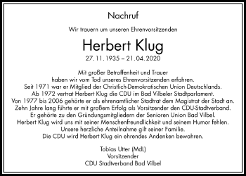 Traueranzeige von Herbert Klug von Bad Vilbel/Karben