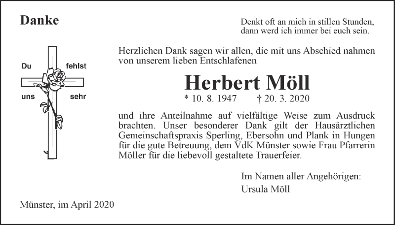  Traueranzeige für Herbert Möll vom 30.04.2020 aus Licher Wochenblatt