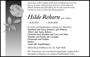 Traueranzeige von Hilde Rehorn von Giessener Allgemeine, Alsfelder Allgemeine