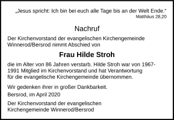 Traueranzeige von Hilde Stroh von Reiskirchener Anzeiger