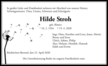 Traueranzeige von Hilde Stroh von Giessener Allgemeine, Alsfelder Allgemeine