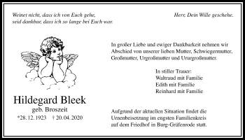 Traueranzeige von Hildegard Bleek von Bad Vilbel/Karben