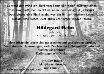 Traueranzeige von Hildegard Hahn von Allendorfer Mitteilungen, Rabenauer Zeitung