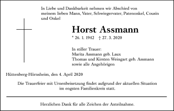 Traueranzeige von Horst Assmann von Alsfelder Allgemeine, Giessener Allgemeine