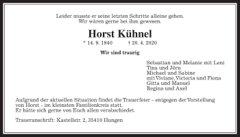 Traueranzeige von Horst Kühnel von Giessener Allgemeine, Alsfelder Allgemeine