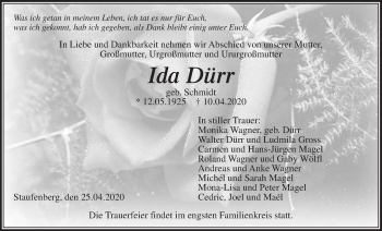 Traueranzeige von Ida Dürr von Giessener Allgemeine, Alsfelder Allgemeine