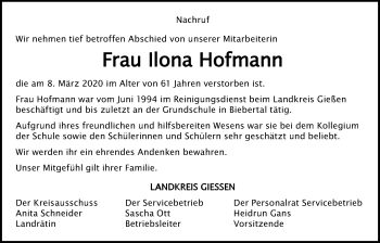 Traueranzeige von Ilona Hofmann von Alsfelder Allgemeine, Giessener Allgemeine