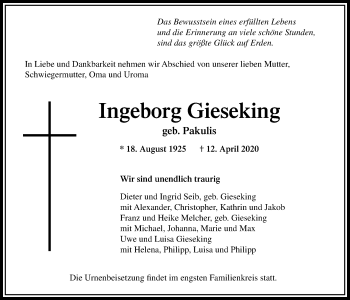 Traueranzeige von Ingeborg Gieseking von Bad Vilbel/Karben