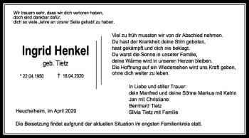 Traueranzeige von Ingrid Henkel von Giessener Allgemeine, Alsfelder Allgemeine
