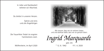 Traueranzeige von Ingrid Marquardt von Wetterauer Zeitung