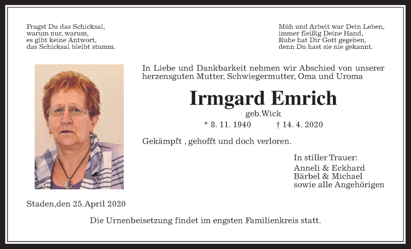  Traueranzeige für Irmgard Emrich vom 25.04.2020 aus Wetterauer Zeitung