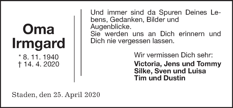  Traueranzeige für Irmgard Emrich vom 25.04.2020 aus Wetterauer Zeitung