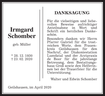 Traueranzeige von Irmgard Schomber von Rabenauer Zeitung
