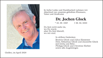 Traueranzeige von Jochen Glock von Giessener Allgemeine, Alsfelder Allgemeine