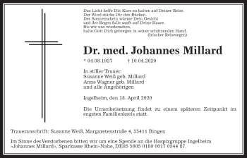Traueranzeige von Johannes Millard von Wetterauer Zeitung