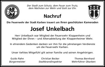 Traueranzeige von Josef Unkelbach von Bad Vilbel/Karben