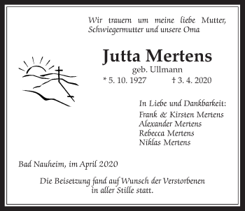 Traueranzeige von Jutta Mertens von Wetterauer Zeitung