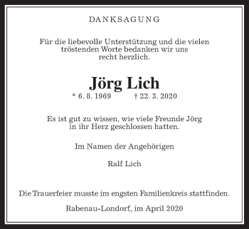 Traueranzeige von Jörg Lich von Rabenauer Zeitung