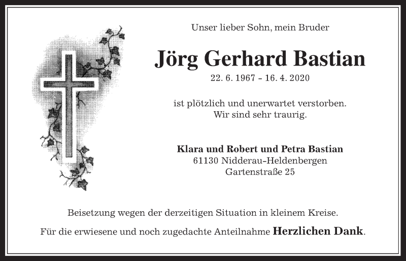  Traueranzeige für Jörg Gerhard Bastian vom 25.04.2020 aus Wetterauer Zeitung