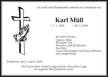 Traueranzeige von Karl Müll von Alsfelder Allgemeine, Giessener Allgemeine