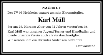 Traueranzeige von Karl Müll von Pohlheimer Nachrichten