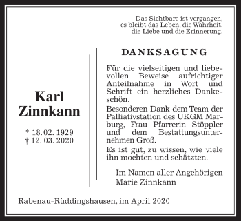 Traueranzeige von Karl Zinnkann von Giessener Allgemeine, Alsfelder Allgemeine