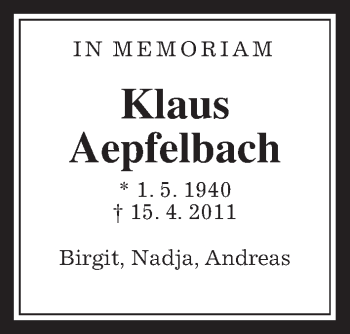 Traueranzeige von Klaus Aepfelbach von Wetterauer Zeitung