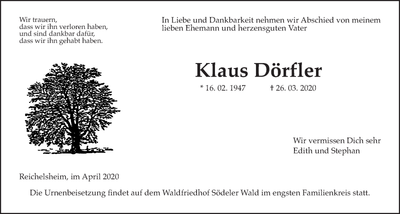  Traueranzeige für Klaus Dörfler vom 04.04.2020 aus Wetterauer Zeitung