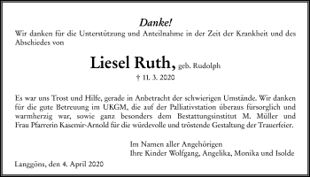 Traueranzeige von Liesel Ruth von Alsfelder Allgemeine, Giessener Allgemeine