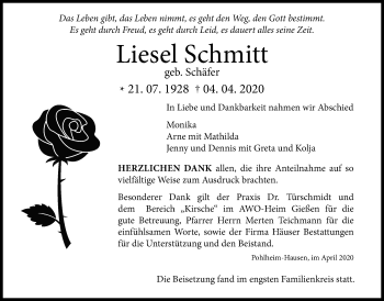 Traueranzeige von Liesel Schmitt von Giessener Allgemeine, Alsfelder Allgemeine