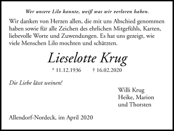 Traueranzeige von Lieselotte Krug von Giessener Allgemeine, Alsfelder Allgemeine