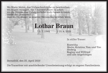 Traueranzeige von Lothar Braun von Giessener Allgemeine, Alsfelder Allgemeine