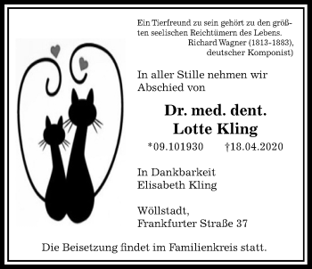 Traueranzeige von Lotte Kling von Wetterauer Zeitung